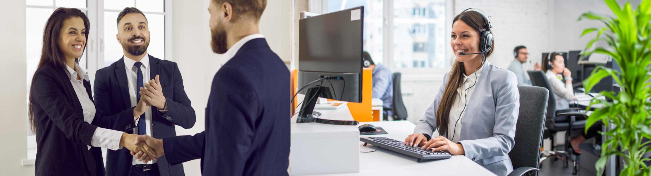 Beautiful young customer service representative wearing headset working on computer at call center office